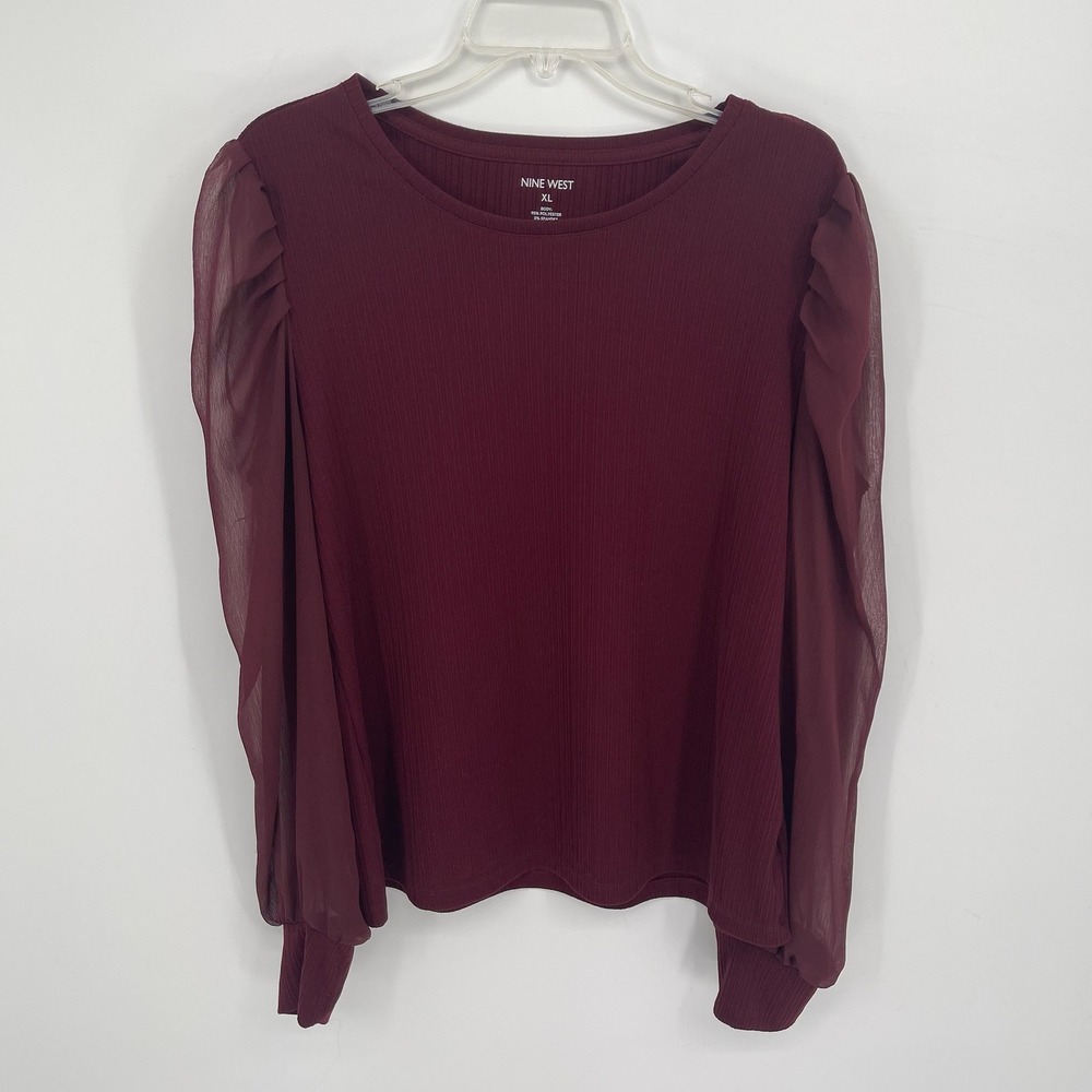 Nine West Women's Maroon Sheer Puff Long Sleeve Ribbed Knit Blouse Size XL